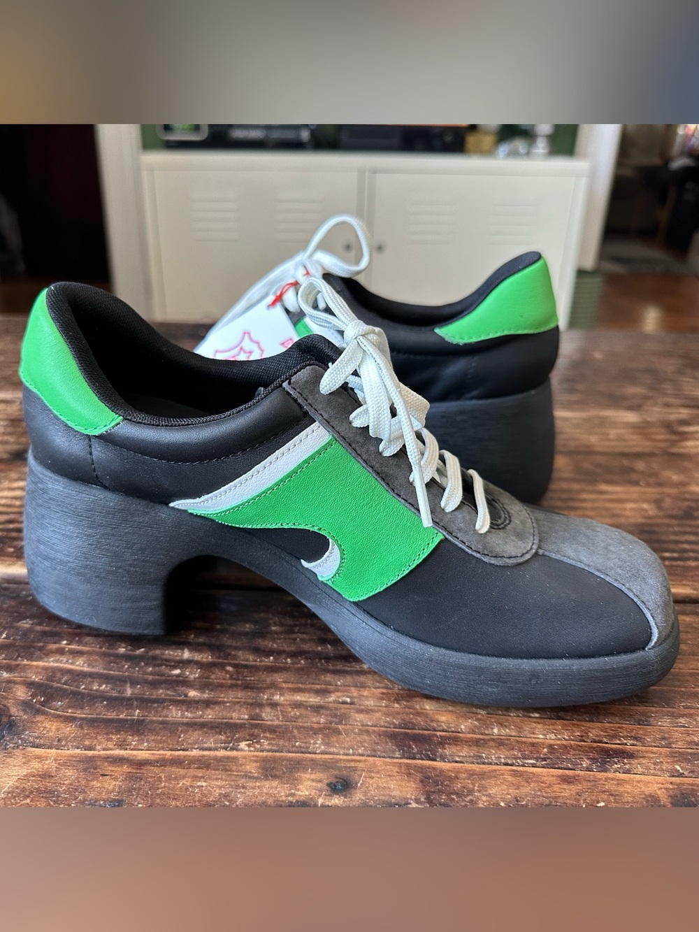 Camper Thelma Black Platform Lace-Up Athletic Shoes with Bright Green Panels